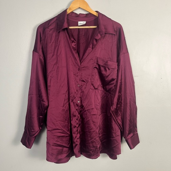 Arula burgundy satin button down collared  blouse size x(XL) - Picture 1 of 5